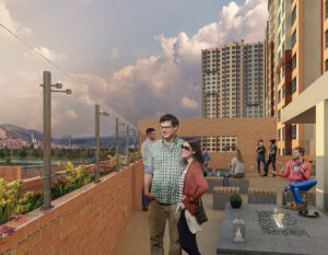 pareja en terraza - torre de apartamentos en venta Bogotá - hacienda la estancia navarra - urbansa - proyecto vis