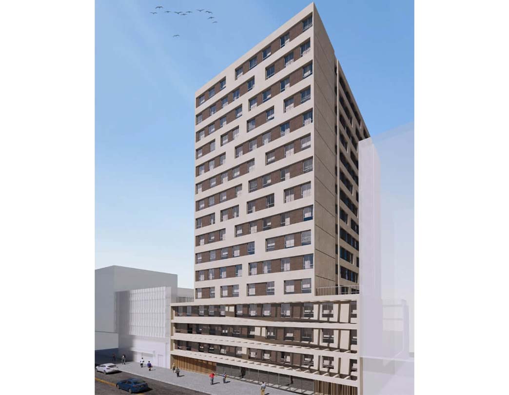 panorámica fachada torre de apartamentos - torre nexus venta de apartamentos centro de Bogotá - apartaestudios - urbansa