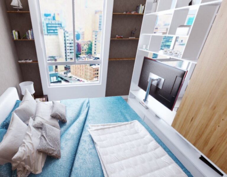 vista de habitación principal con cama doble, torre nexus venta de apartamentos en el centro de Bogotá, apartaestudios