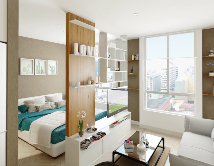 vista de habitación principal y sala de estar, torre nexus venta de apartamentos en el centro de Bogotá, apartaestudios